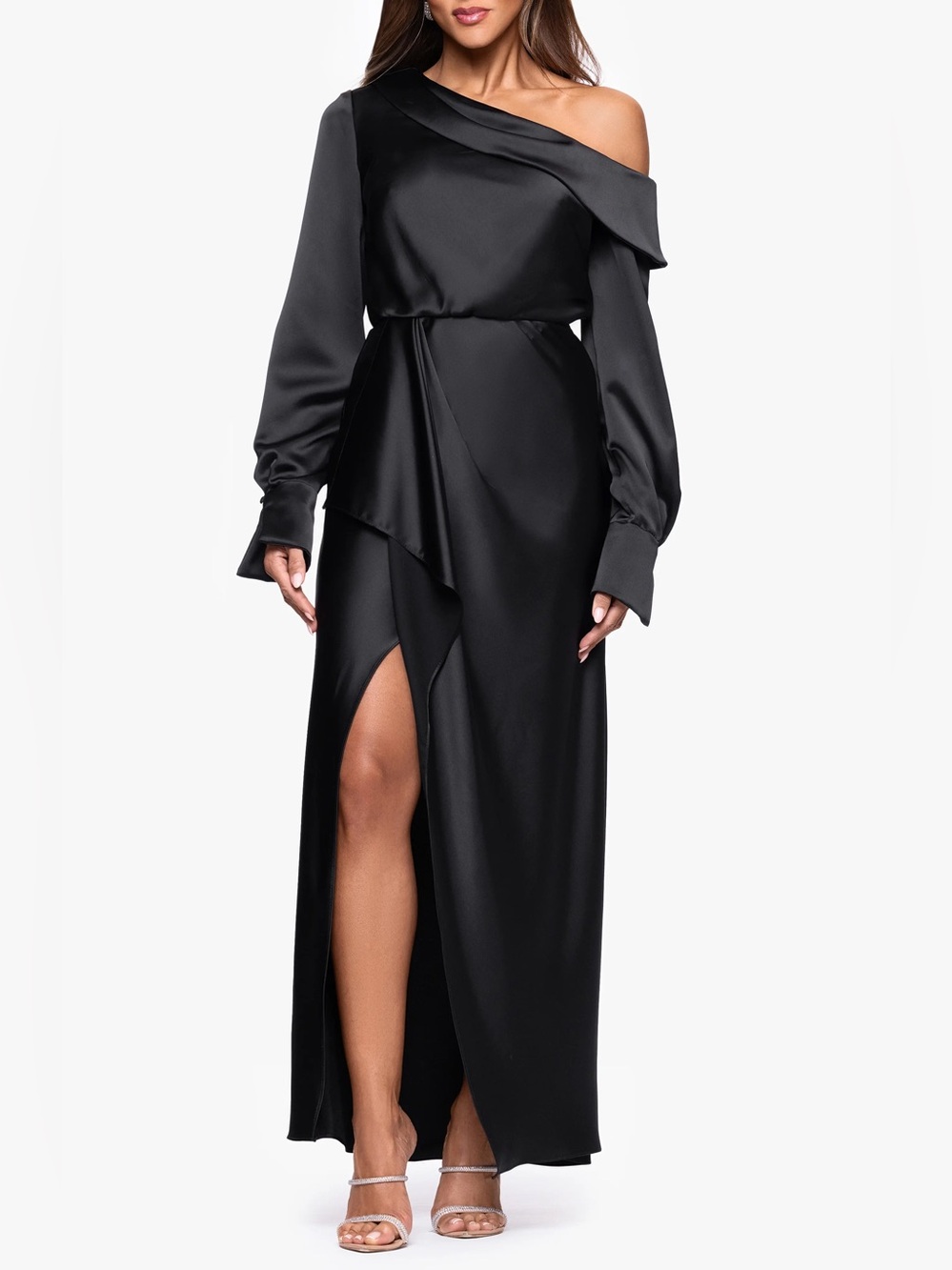 Xscape Evenings Off the Shoulder Long Sleeve Satin Gown Black Sz 6